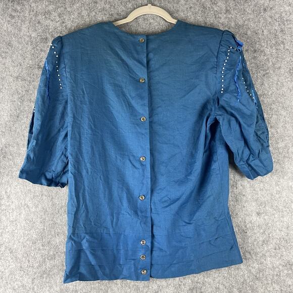 Vintage Bellino Paris Mode Top Womens 14 Blue Ramie Embroidered Beaded Applique - Picture 8 of 14